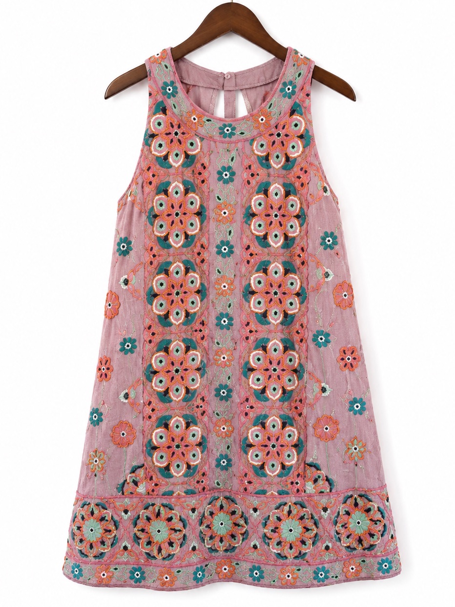 Anthropologie Embroidered Beaded Floral Shift Mini Dress Boho Sleeveless